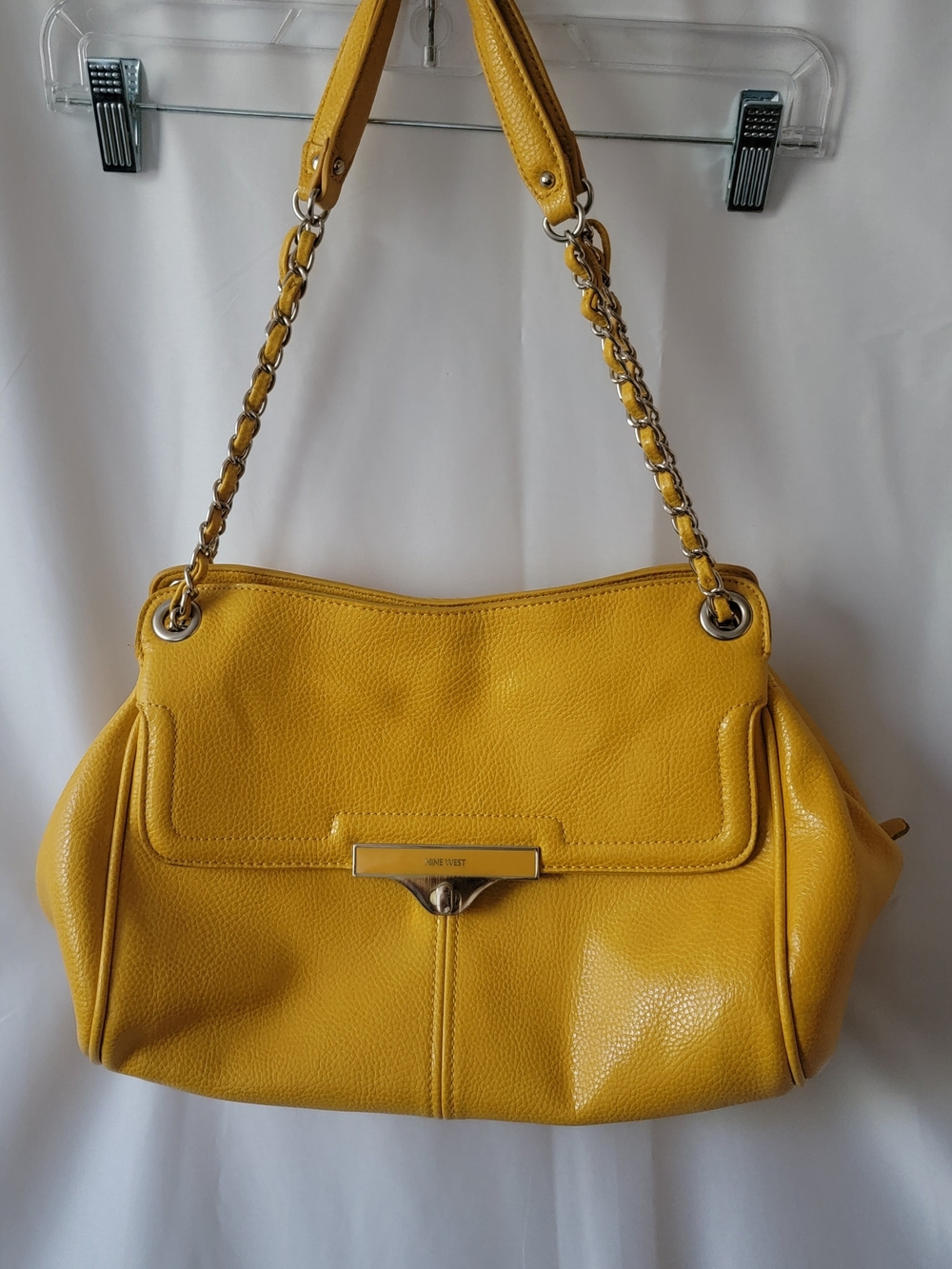 Nine West Yellow Leather Shoulder Bag with Silver Chain Strap